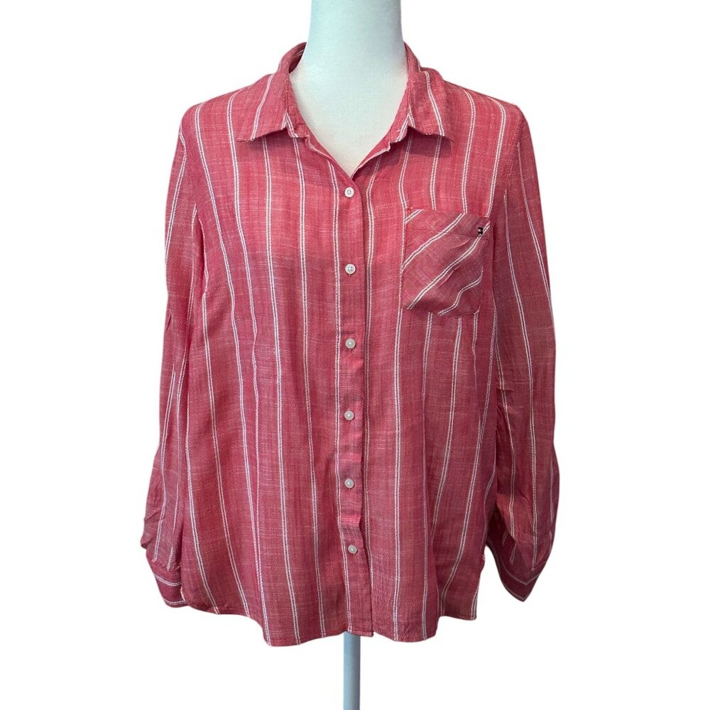 Tommy Hilfiger Womens Red & White Striped Button-Up Shirt M
